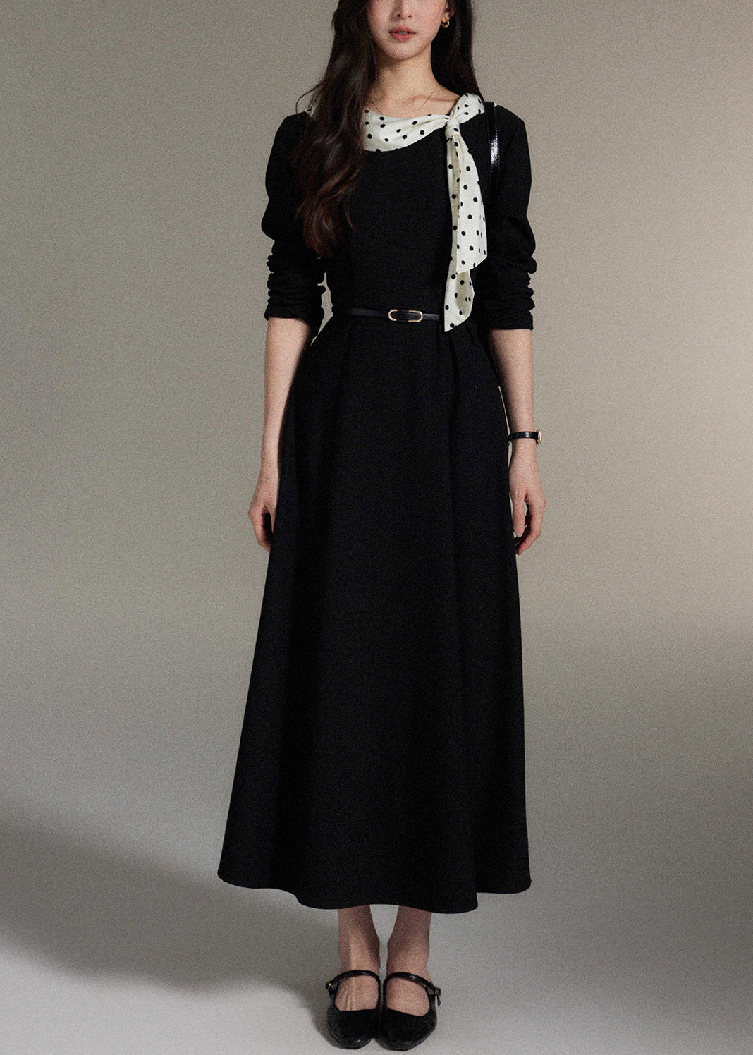 Black Bow Pockets Wool Long Dress Fall