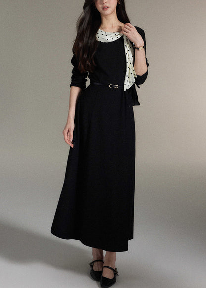 Black Bow Pockets Wool Long Dress Fall