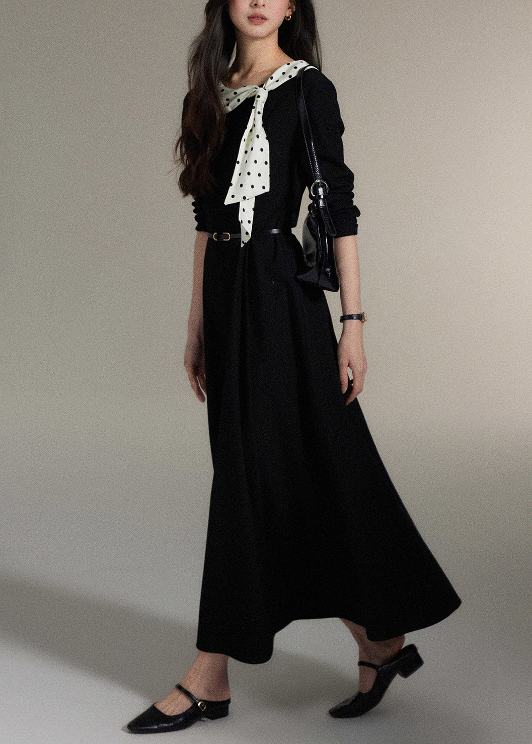 Black Bow Pockets Wool Long Dress Fall