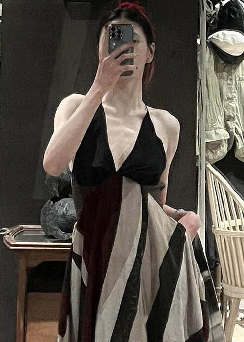 Black Bustier Top Backless Patchwork Striped Cotton Spaghetti Strap Dress Sleeveless