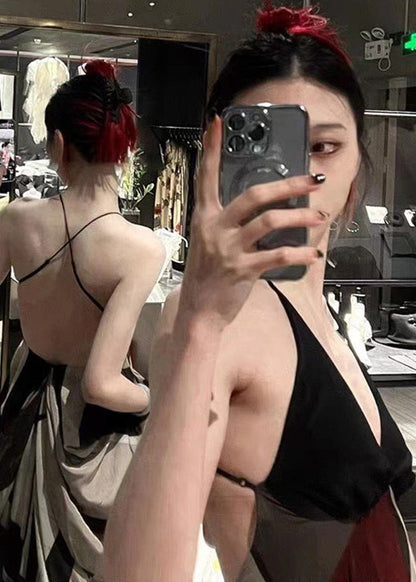 Black Bustier Top Backless Patchwork Striped Cotton Spaghetti Strap Dress Sleeveless