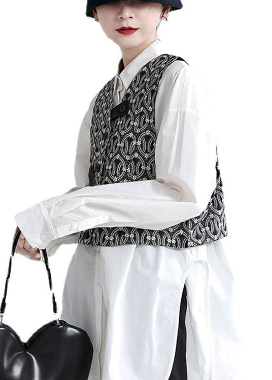 Black Button Pockets Fall Sleeveless Blouses Vest
