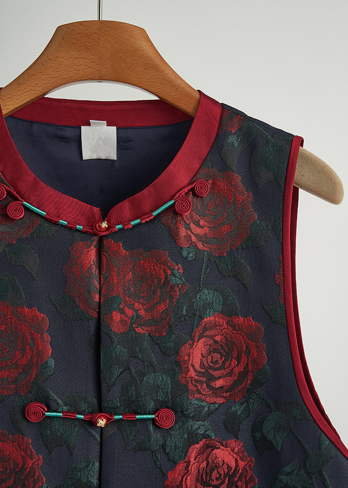 Black Chinese Button Jacquard Silk Vests Fall
