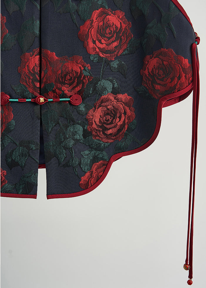 Black Chinese Button Jacquard Silk Vests Fall