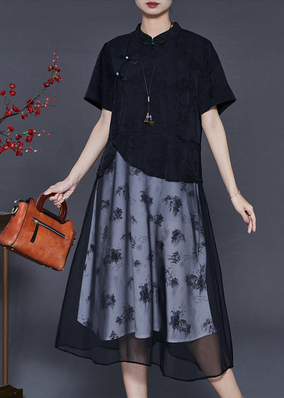 Black Chinese Button Patchwork Chiffon Dresses Summer
