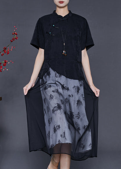 Black Chinese Button Patchwork Chiffon Dresses Summer