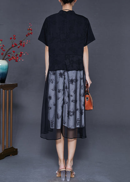 Black Chinese Button Patchwork Chiffon Dresses Summer