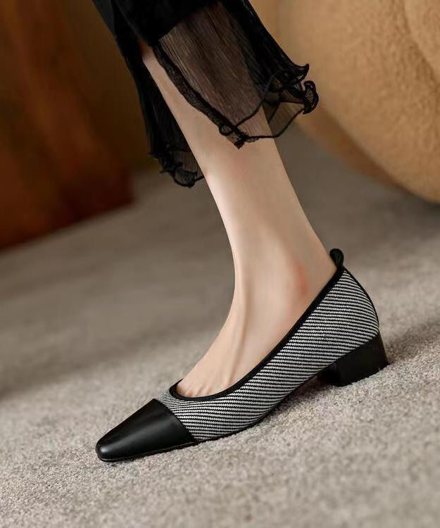 Black Chunky Heel Cowhide Leather Soft Splicing