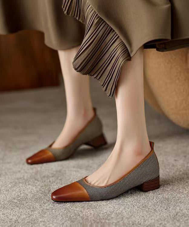 Black Chunky Heel Cowhide Leather Soft Splicing