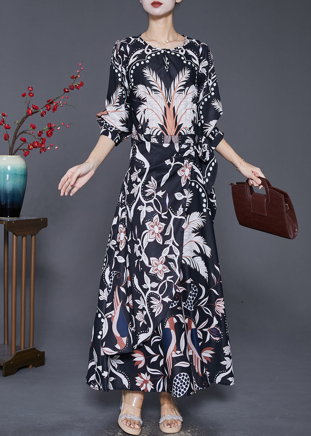Black Cinched Print Silk Beach Long Dresses Fall