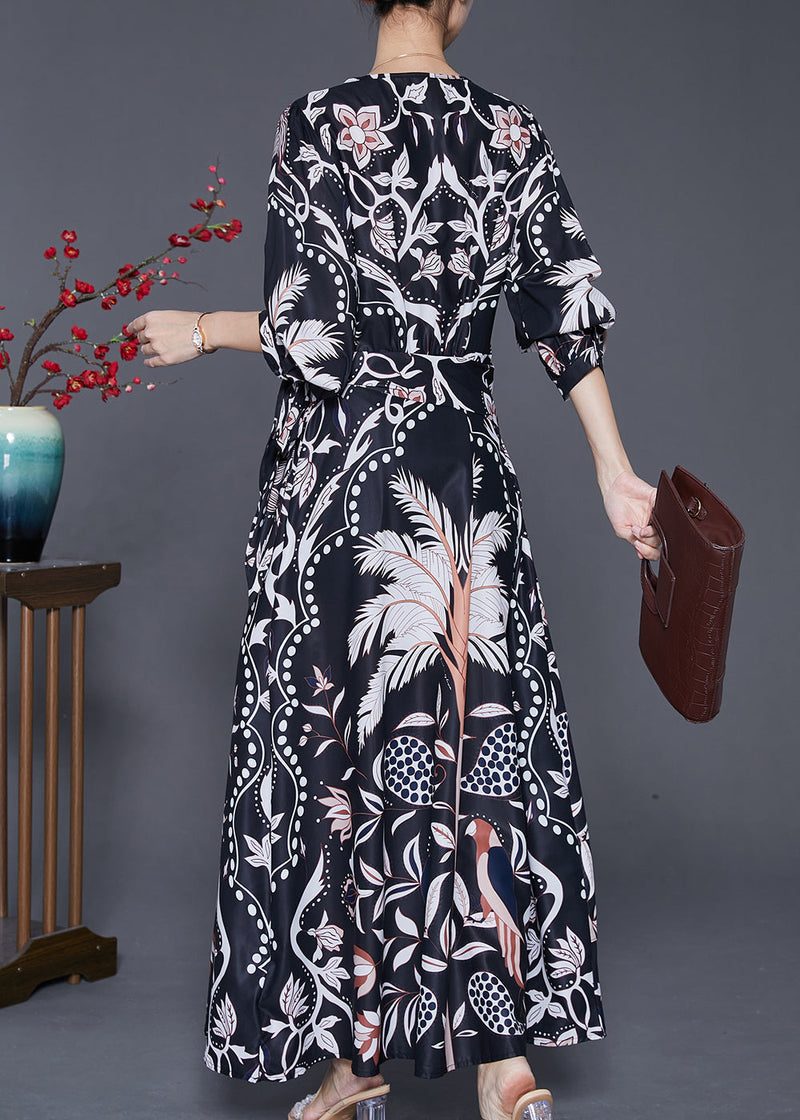 Black Cinched Print Silk Beach Long Dresses Fall