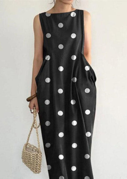 Grace Black Dot Print Pockets Long Dresses Sleeveless
