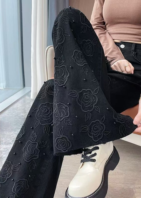 Black Embroidered Nail Bead Denim Bell-bottom Trousers Spring