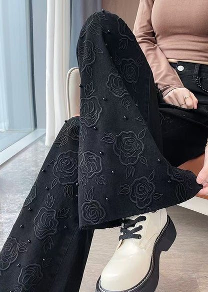 Black Embroidered Nail Bead Denim Bell-bottom Trousers Spring