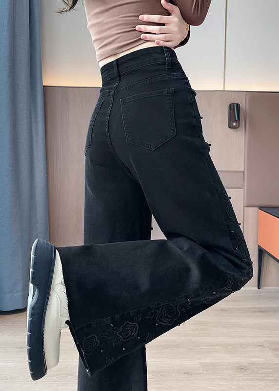 Black Embroidered Nail Bead Denim Bell-bottom Trousers Spring