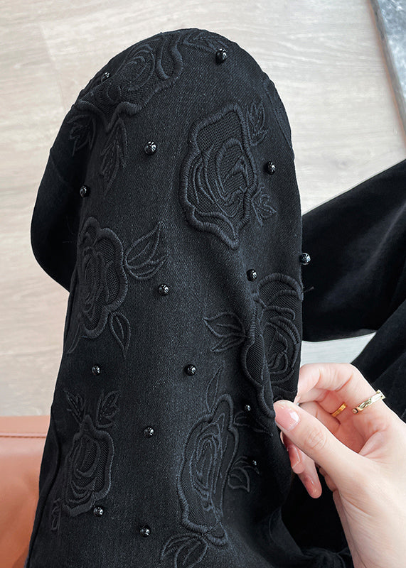 Black Embroidered Nail Bead Denim Bell-bottom Trousers Spring