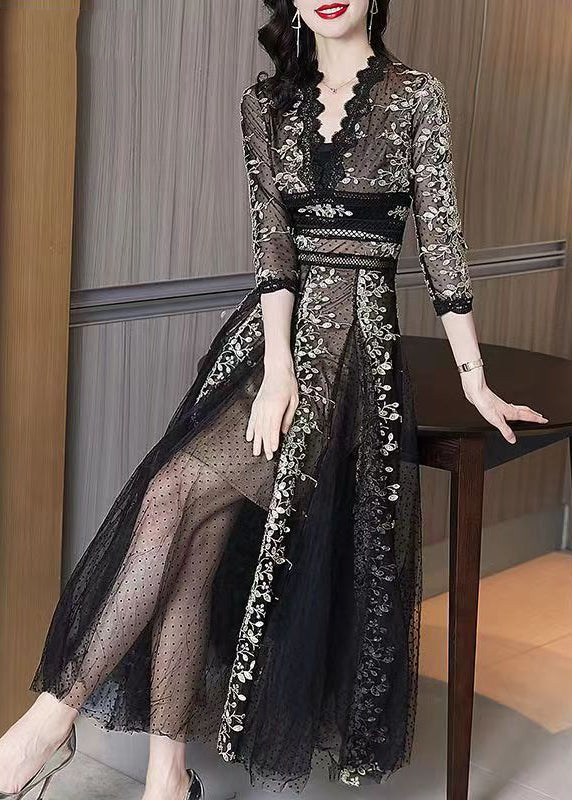 Black Embroidered Lace Patchwork Tulle Dresses Summer