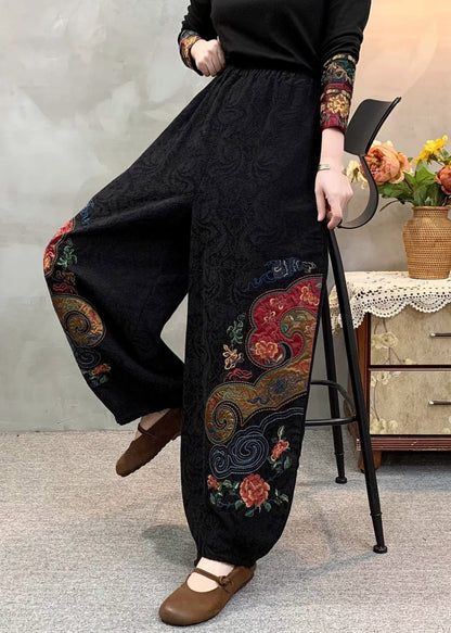 Black Embroidered Oversized Linen Pants Spring