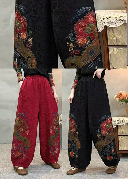 Black Embroidered Oversized Linen Pants Spring