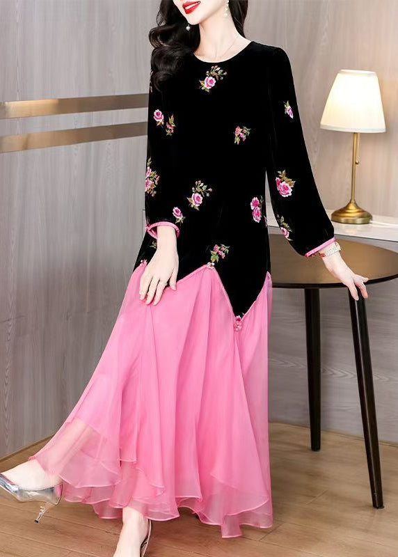 Black Embroidered Patchwork Silk Velvet Long Dress Spring