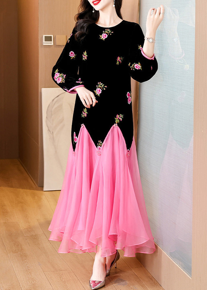Black Embroidered Patchwork Silk Velvet Long Dress Spring