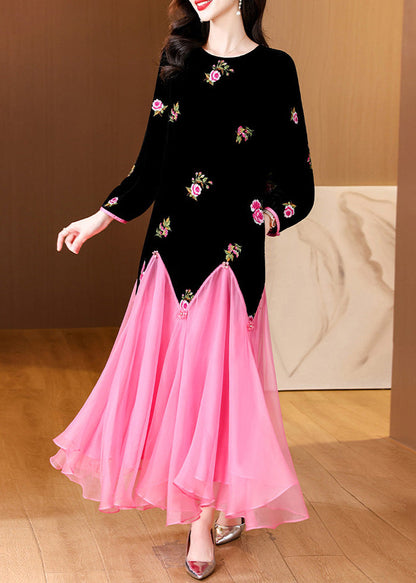 Black Embroidered Patchwork Silk Velvet Long Dress Spring