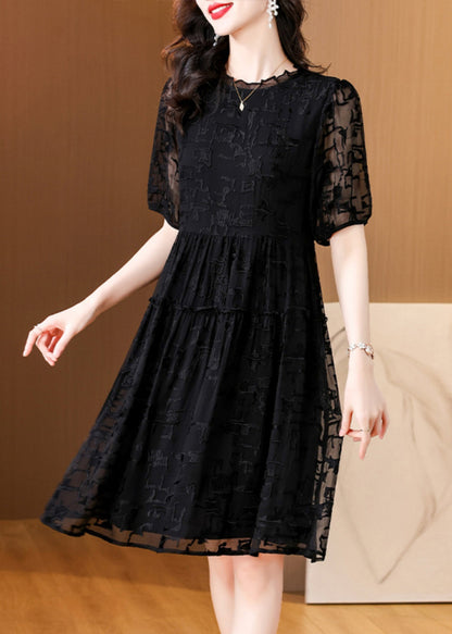 Black Embroidered Ruffled Silk Dresses Summer