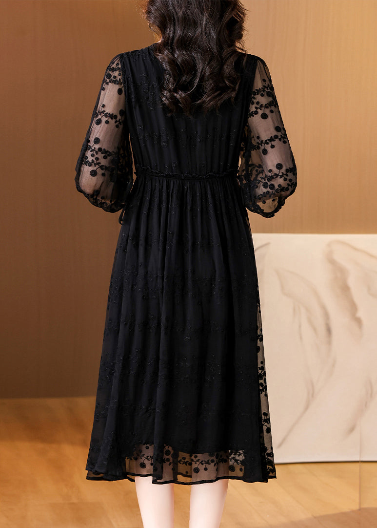 Black Embroidered Silk Long Dresses Bracelet Sleeve