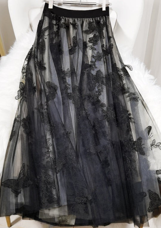 Black Embroideried Butterfly Tulle High Waist Summer Skirts