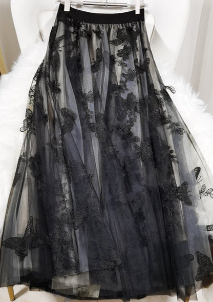 Black Embroideried Butterfly Tulle High Waist Summer Skirts