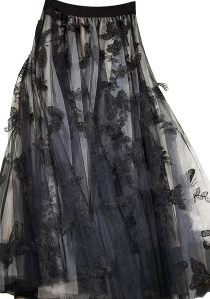 Black Embroideried Butterfly Tulle High Waist Summer Skirts