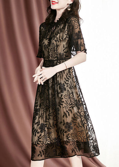 Black Embroideried Hollow Out Silk Long Dresses Summer