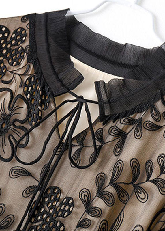 Black Embroideried Hollow Out Silk Long Dresses Summer