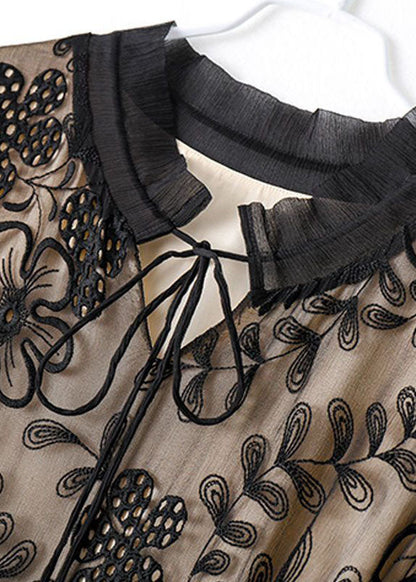 Black Embroideried Hollow Out Silk Long Dresses Summer