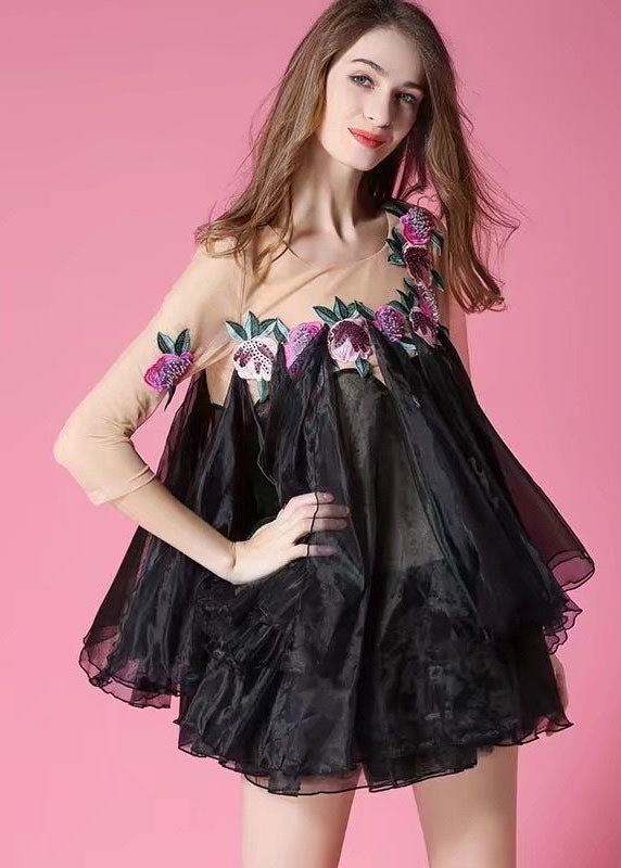 Black Embroideried Patchwork Organza Mini Dress Bracelet Sleeve