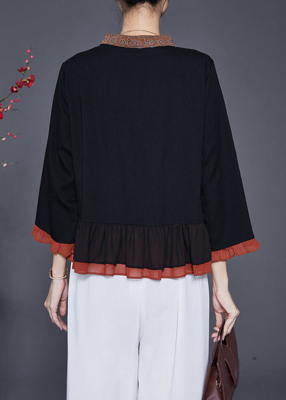 Black Embroideried Patchwork Ruffles Blouses Fall
