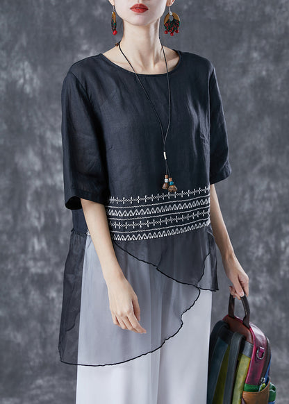 Black Embroideried Tulle Patchwork Linen Top Summer
