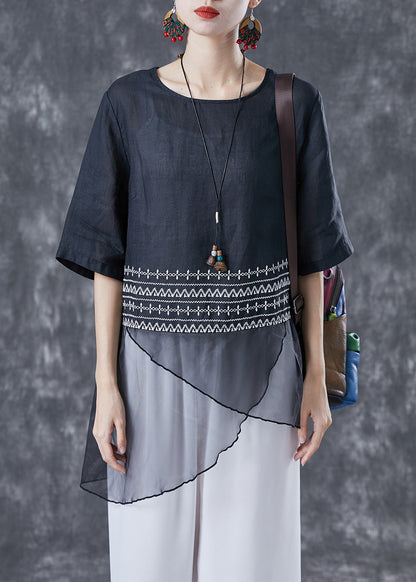 Black Embroideried Tulle Patchwork Linen Top Summer