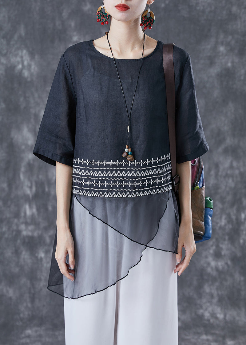 Black Embroideried Tulle Patchwork Linen Top Summer