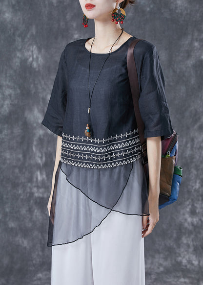 Black Embroideried Tulle Patchwork Linen Top Summer