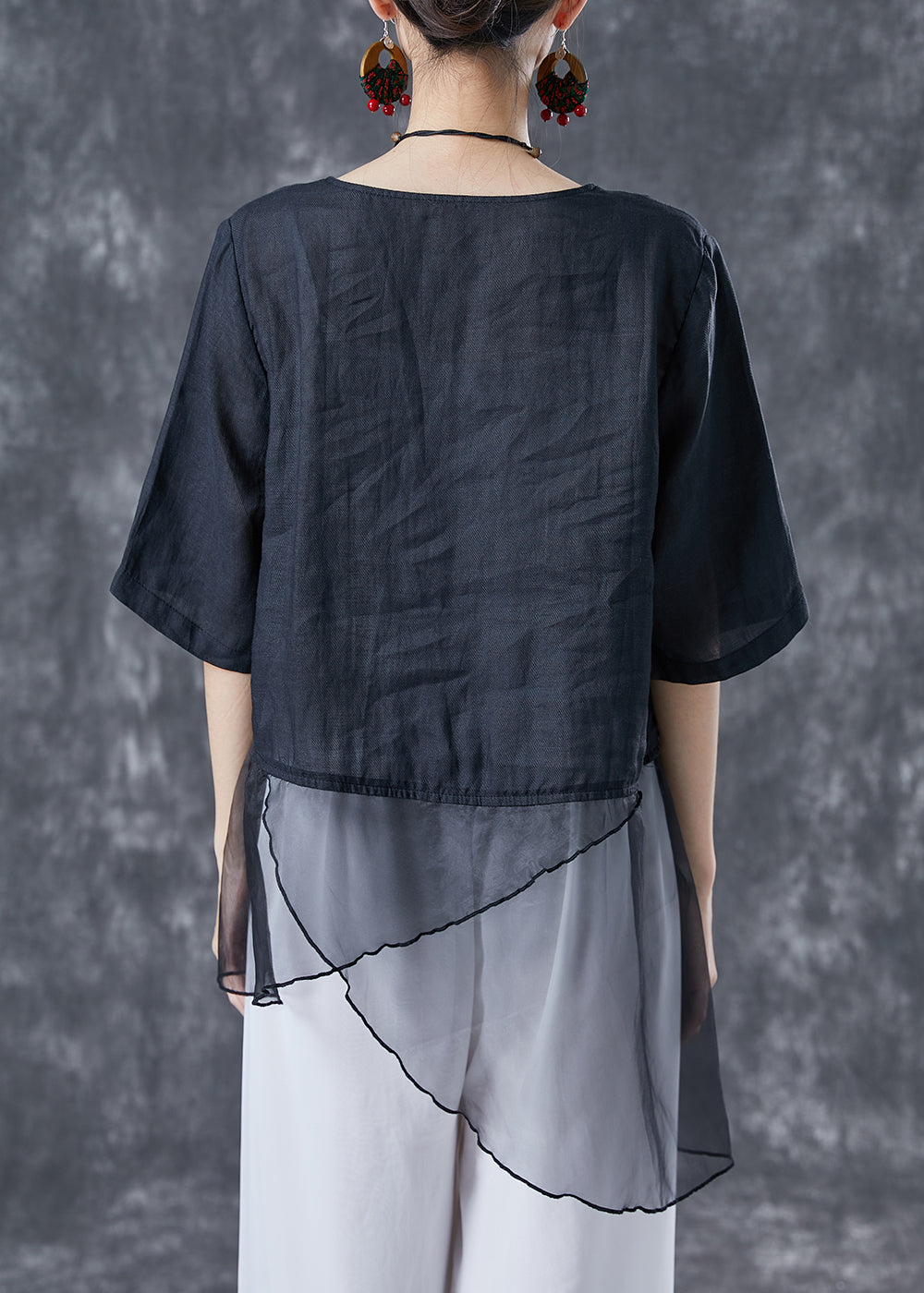 Black Embroideried Tulle Patchwork Linen Top Summer