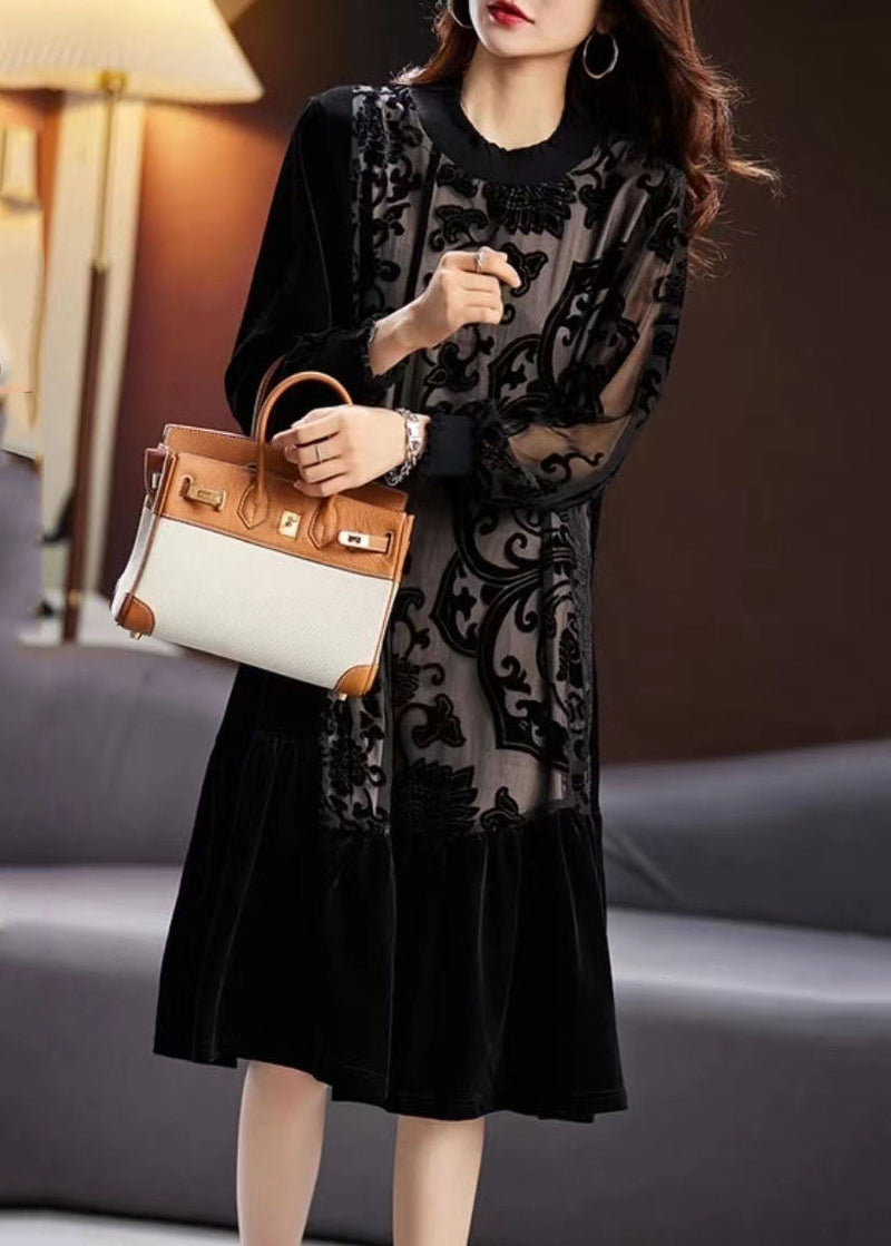 Black Embroidered Tulle Patchwork Silk Velour Long Dress Long Sleeve