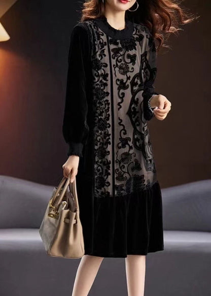Black Embroidered Tulle Patchwork Silk Velour Long Dress Long Sleeve
