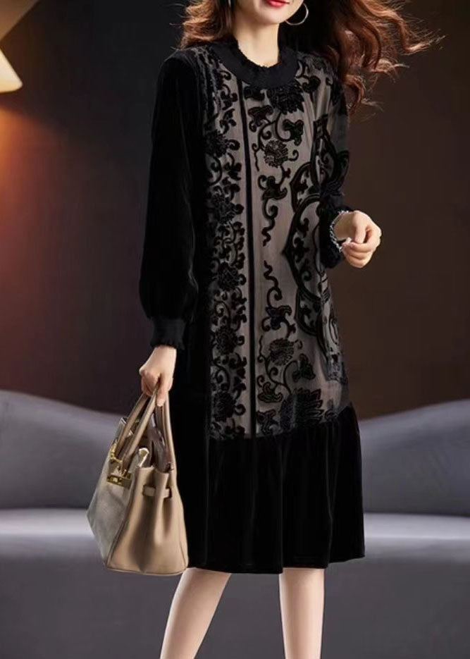 Black Embroidered Tulle Patchwork Silk Velour Long Dress Long Sleeve