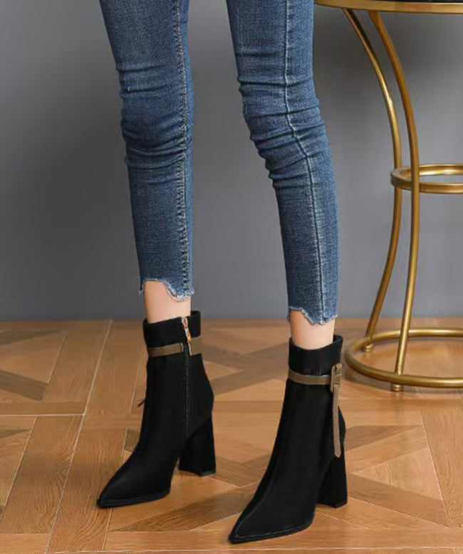 Black Faux Leather Splicing Boots Pointed Toe