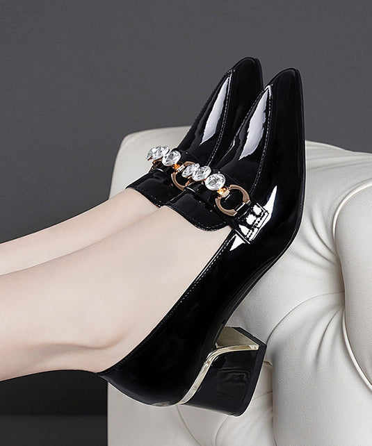 Black Faux Leather Zircon Pointed Toe Chunky Heel