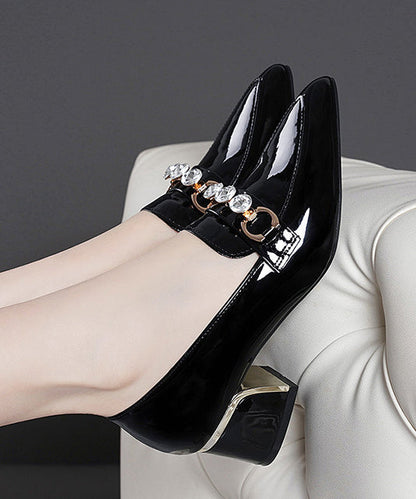 Black Faux Leather Zircon Pointed Toe Chunky Heel