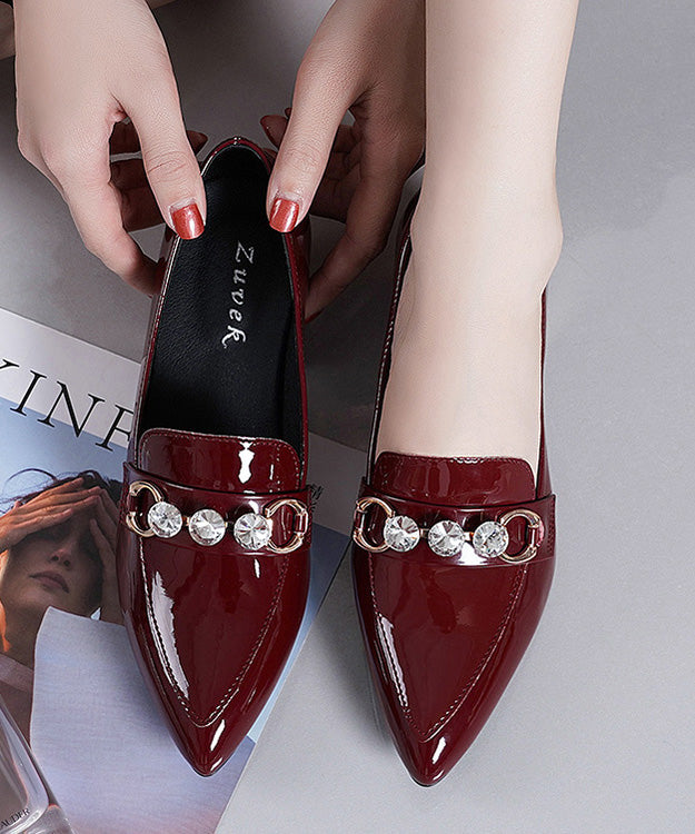 Black Faux Leather Zircon Pointed Toe Chunky Heel