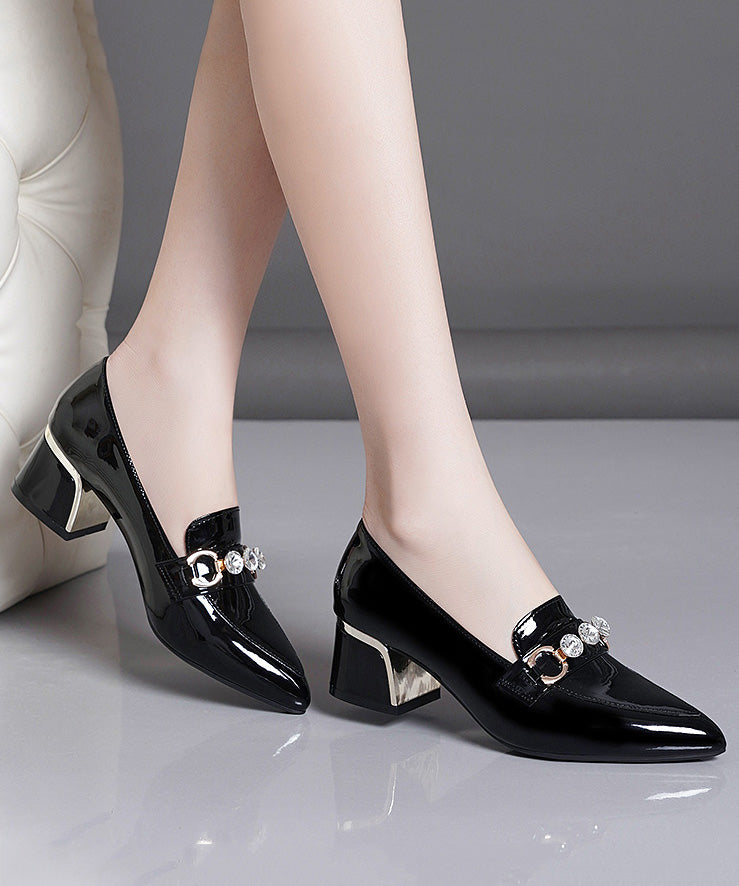 Black Faux Leather Zircon Pointed Toe Chunky Heel