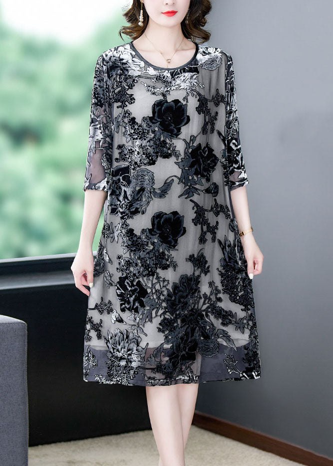 Black Grey Embroideried Patchwork Silk Dresses Summer